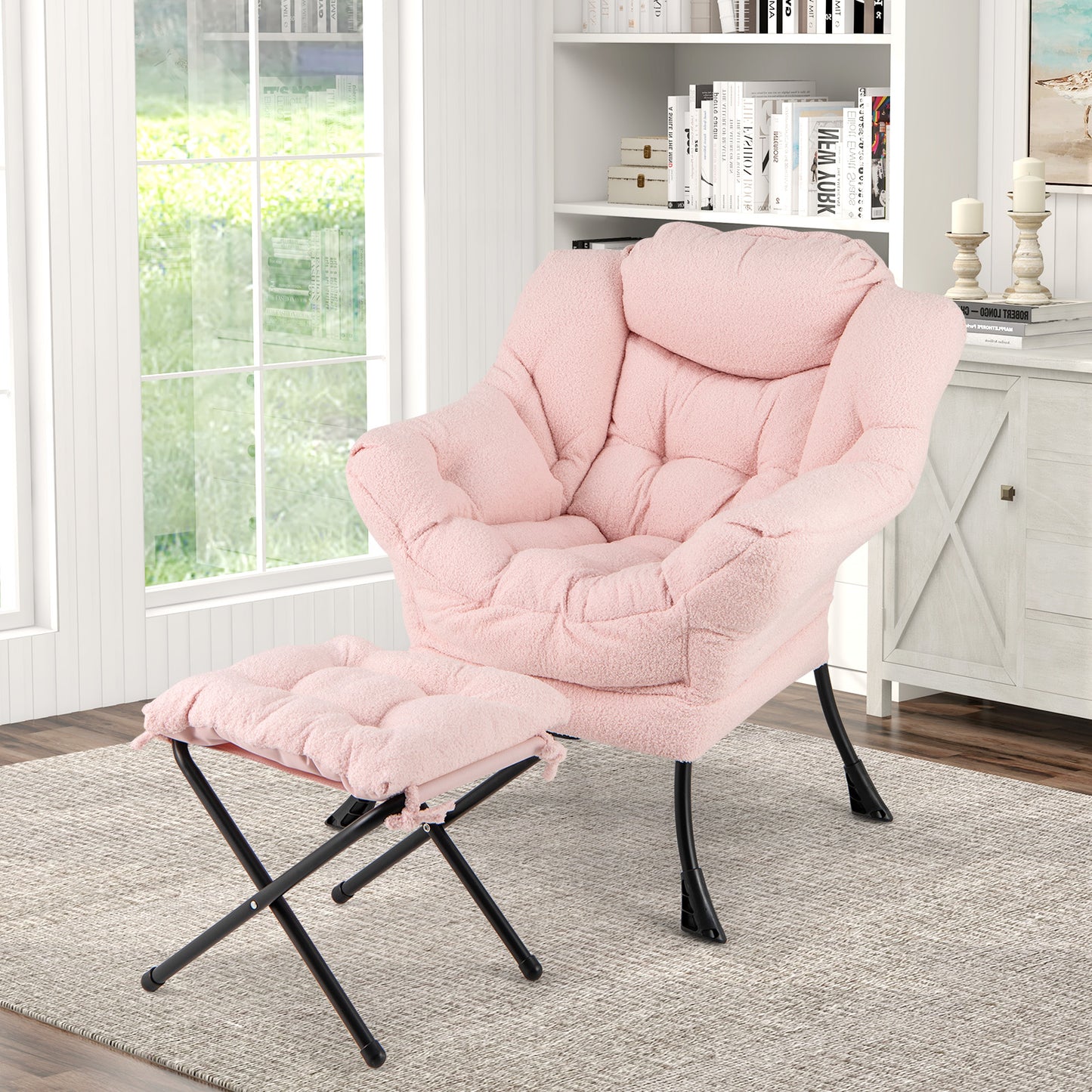 Sherpa Accent Chair with Ottoman, Head Pillow and Side Pocket, Pink