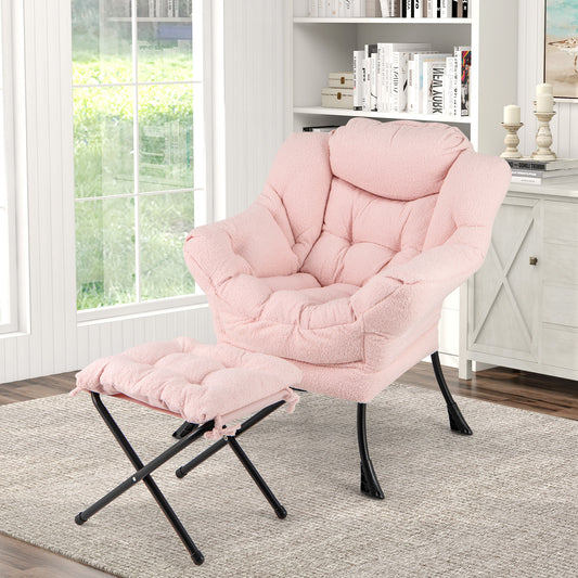 Sherpa Accent Chair with Ottoman, Head Pillow and Side Pocket, Pink