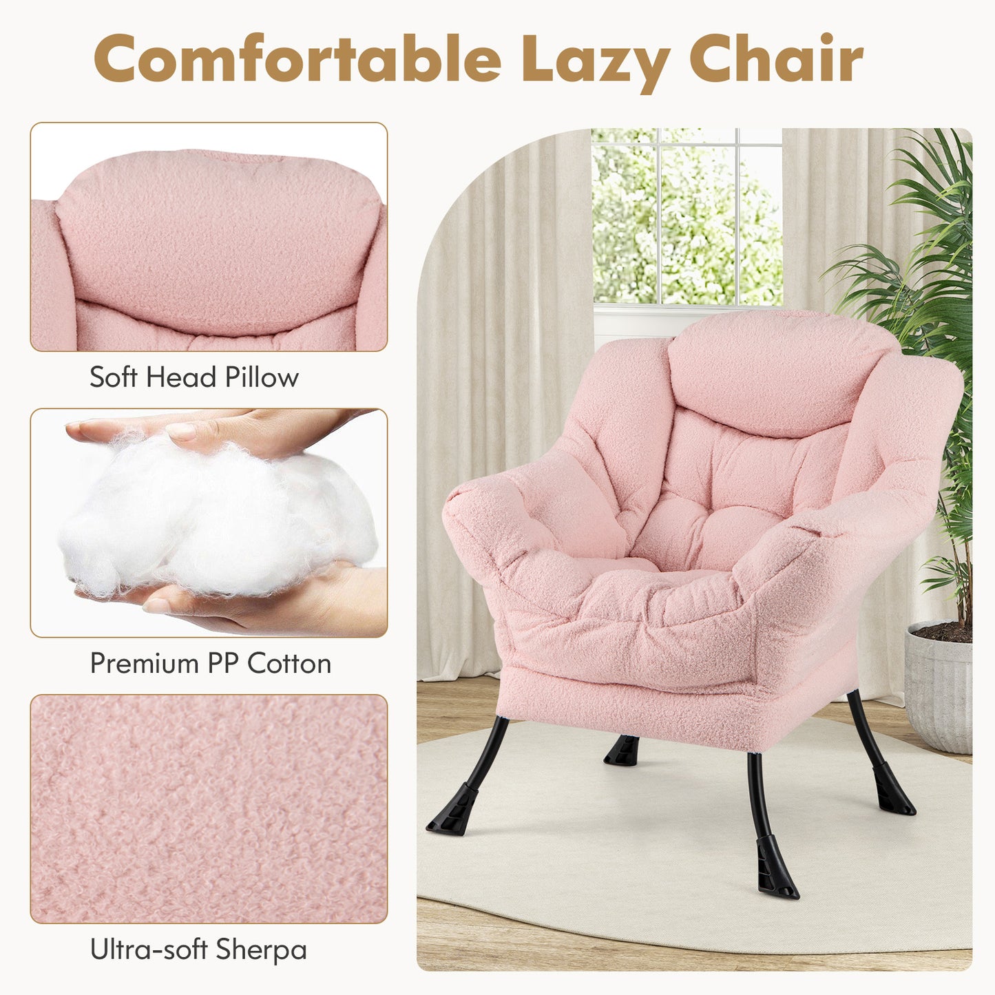 Sherpa Accent Chair with Ottoman, Head Pillow and Side Pocket, Pink