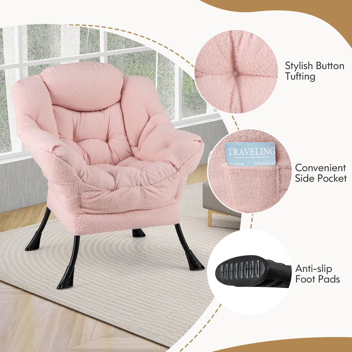 Sherpa Accent Chair with Ottoman, Head Pillow and Side Pocket, Pink