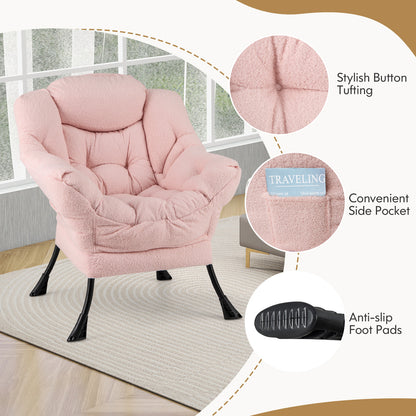 Sherpa Accent Chair with Ottoman, Head Pillow and Side Pocket, Pink