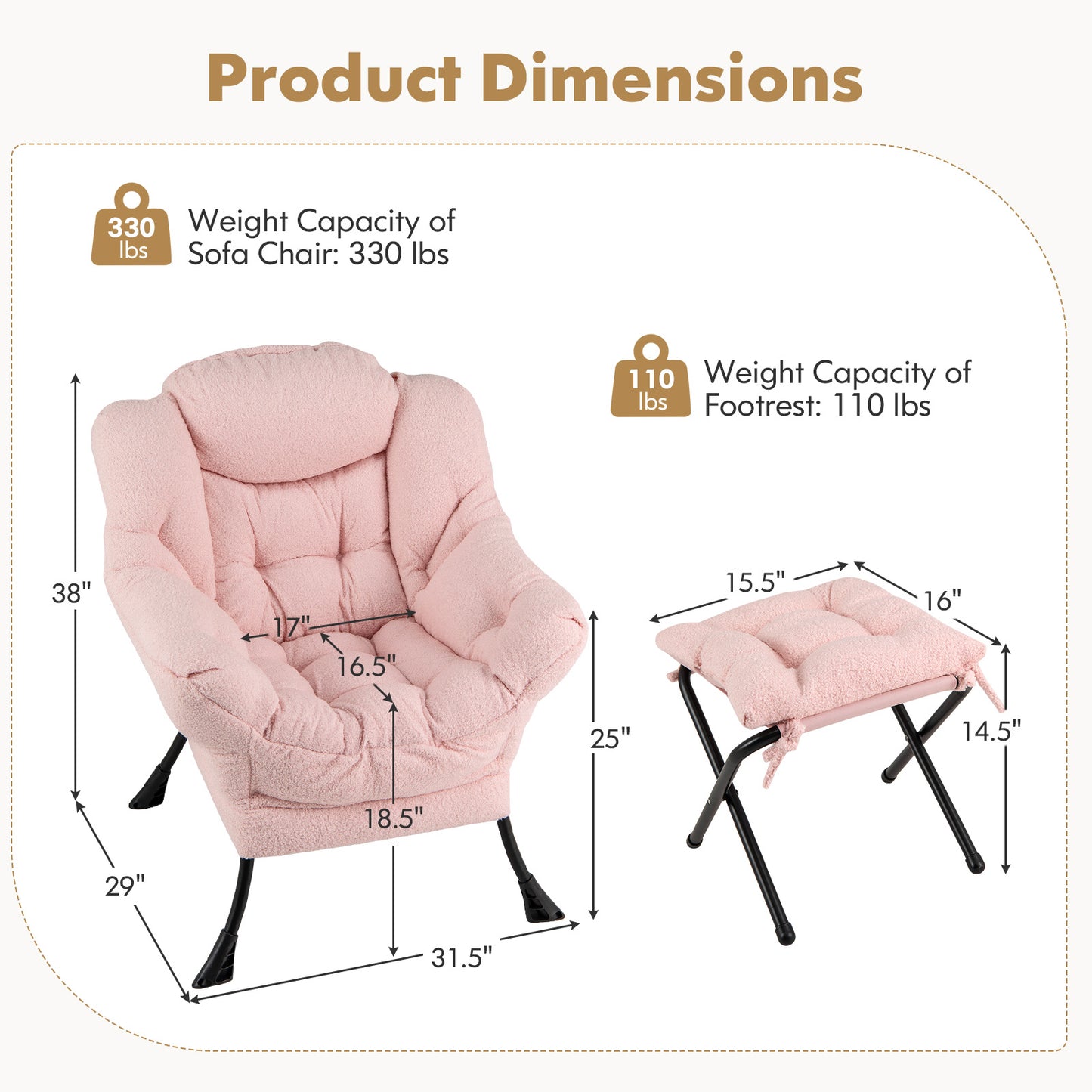 Sherpa Accent Chair with Ottoman, Head Pillow and Side Pocket, Pink