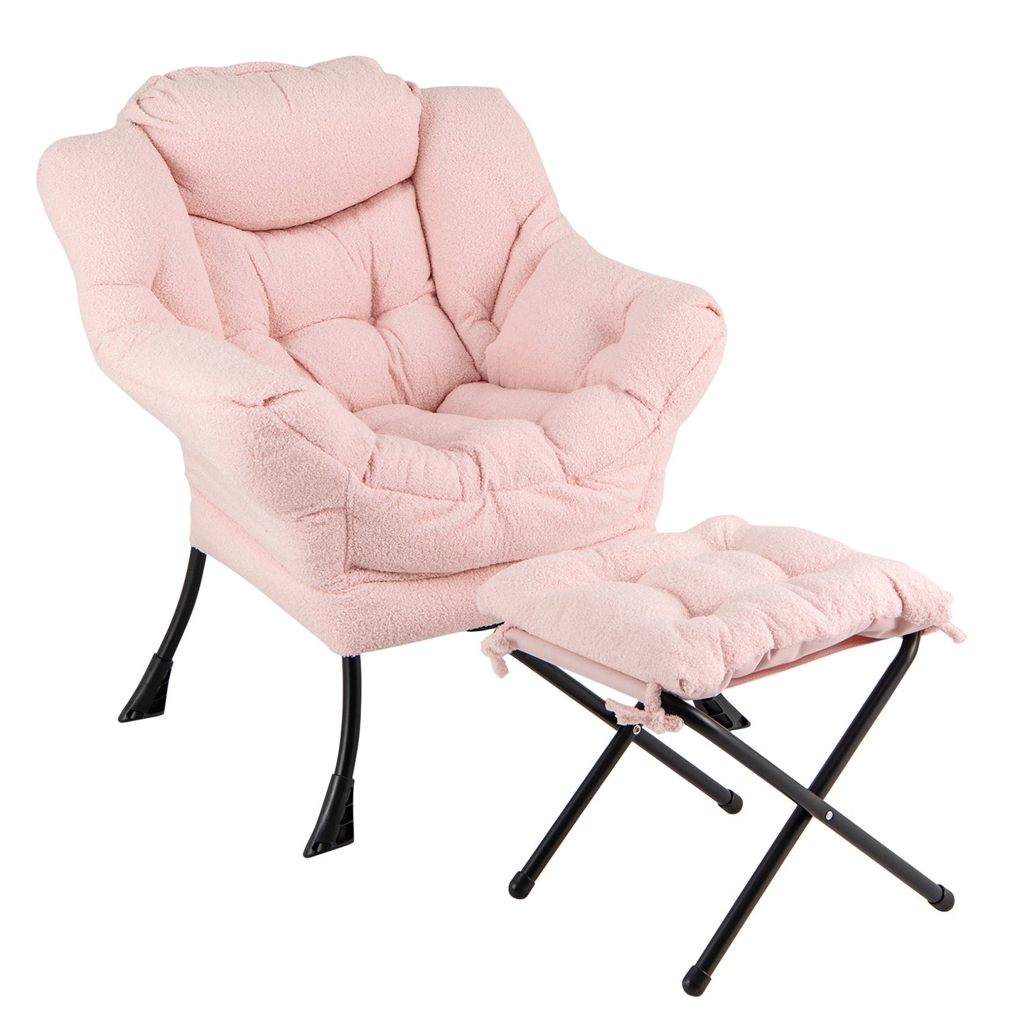 Sherpa Accent Chair with Ottoman, Head Pillow and Side Pocket, Pink