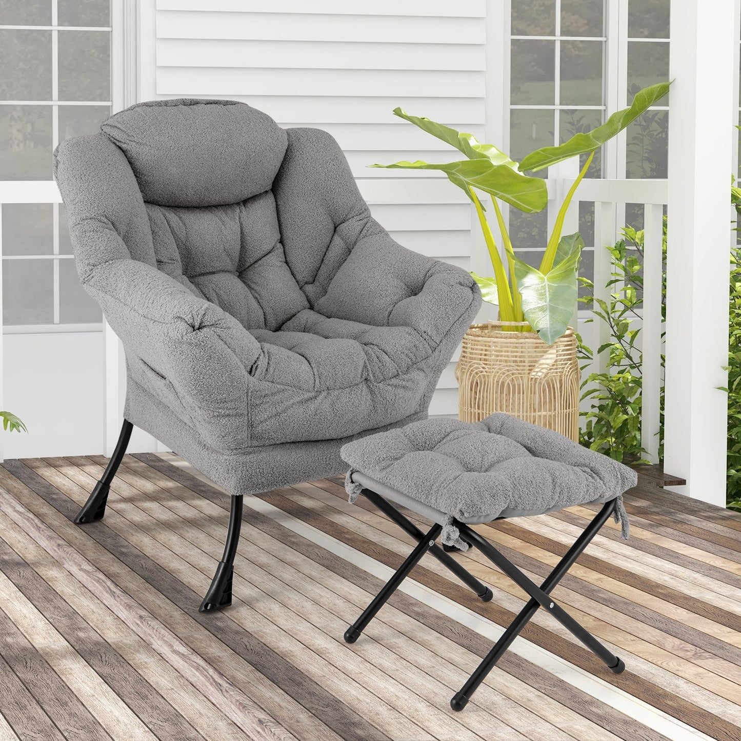 Sherpa Accent Chair with Ottoman, Head Pillow and Side Pocket, Grey