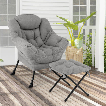 Sherpa Accent Chair with Ottoman, Head Pillow and Side Pocket, Grey