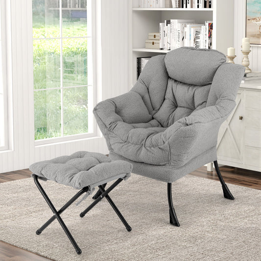 Sherpa Accent Chair with Ottoman, Head Pillow and Side Pocket, Grey