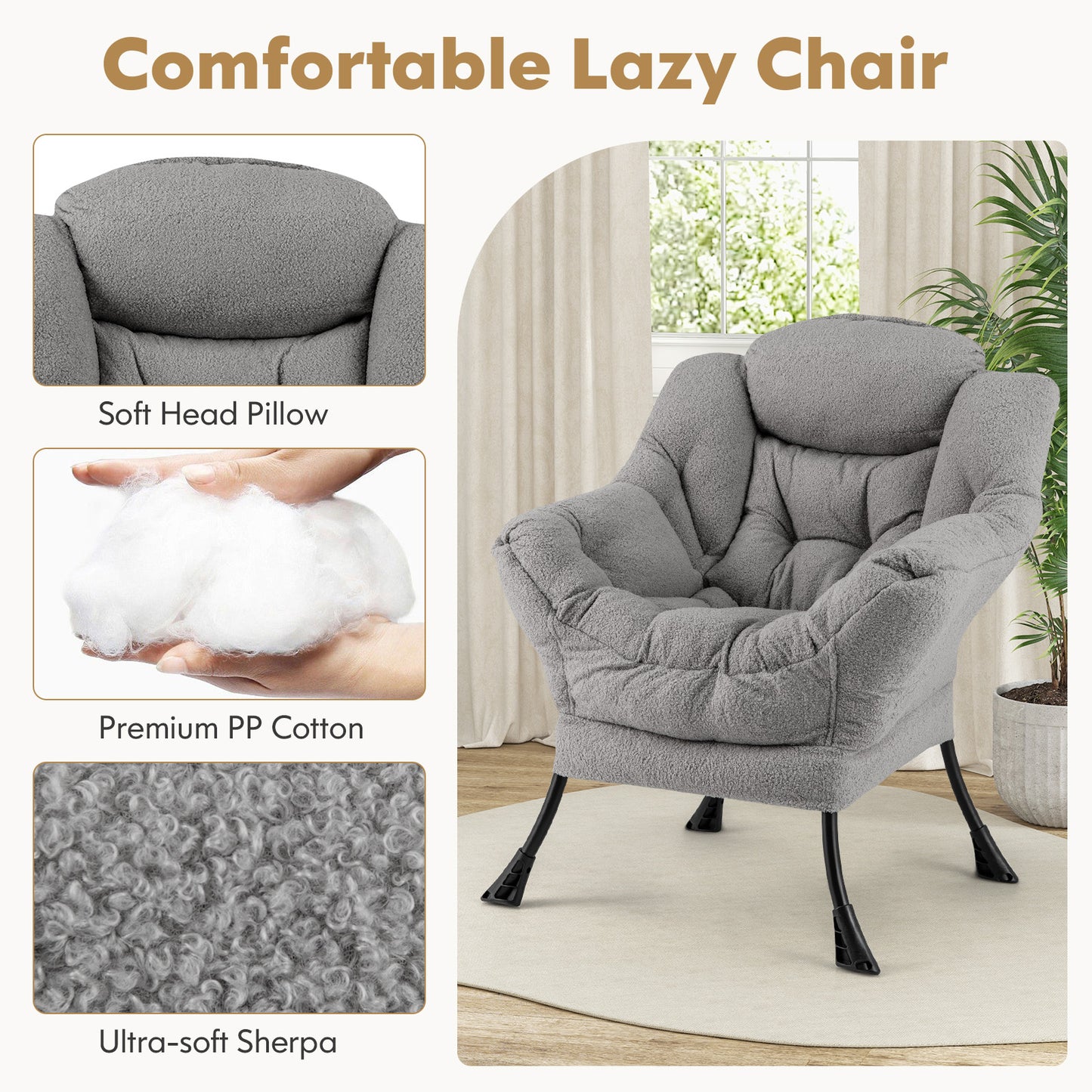 Sherpa Accent Chair with Ottoman, Head Pillow and Side Pocket, Grey