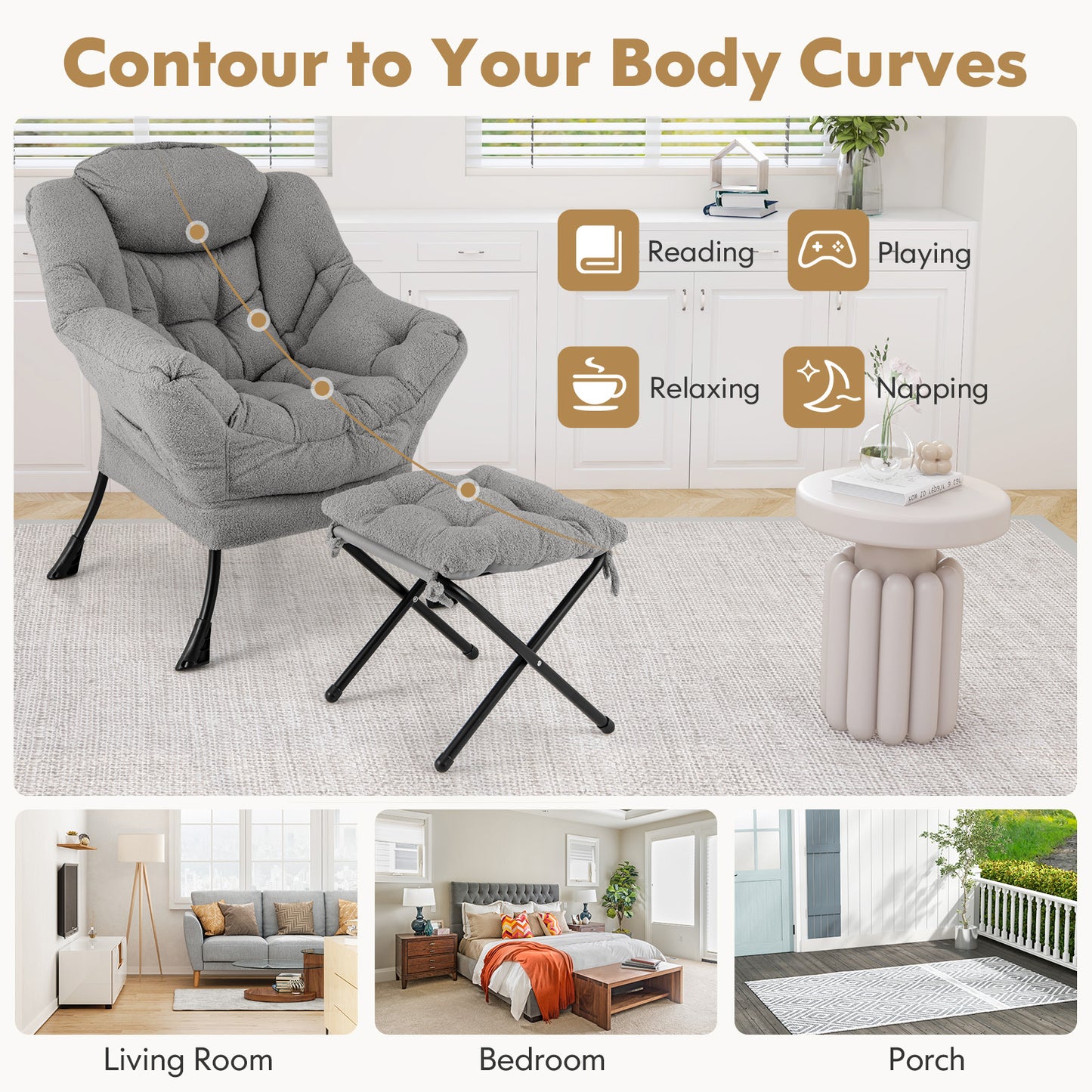 Sherpa Accent Chair with Ottoman, Head Pillow and Side Pocket, Grey