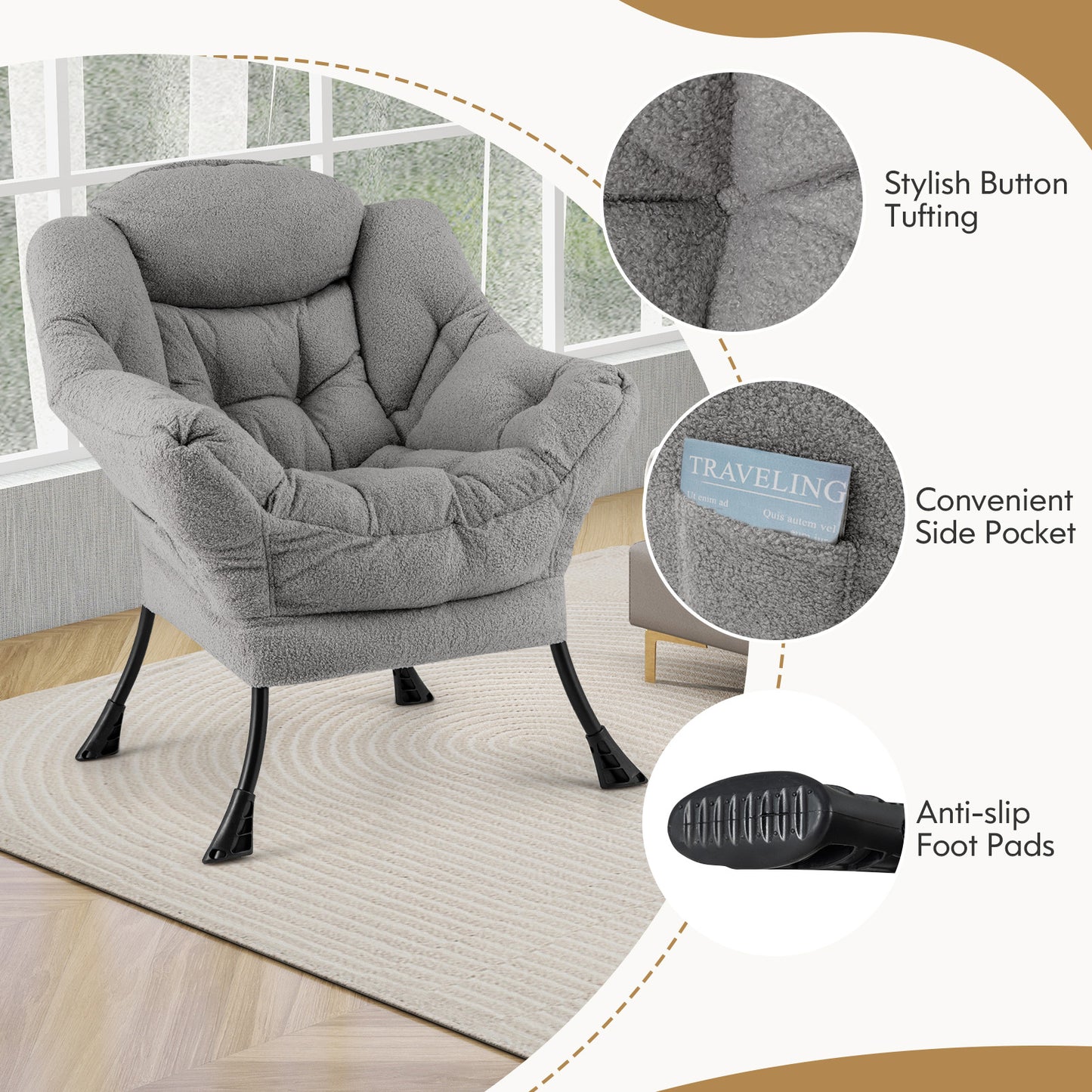 Sherpa Accent Chair with Ottoman, Head Pillow and Side Pocket, Grey