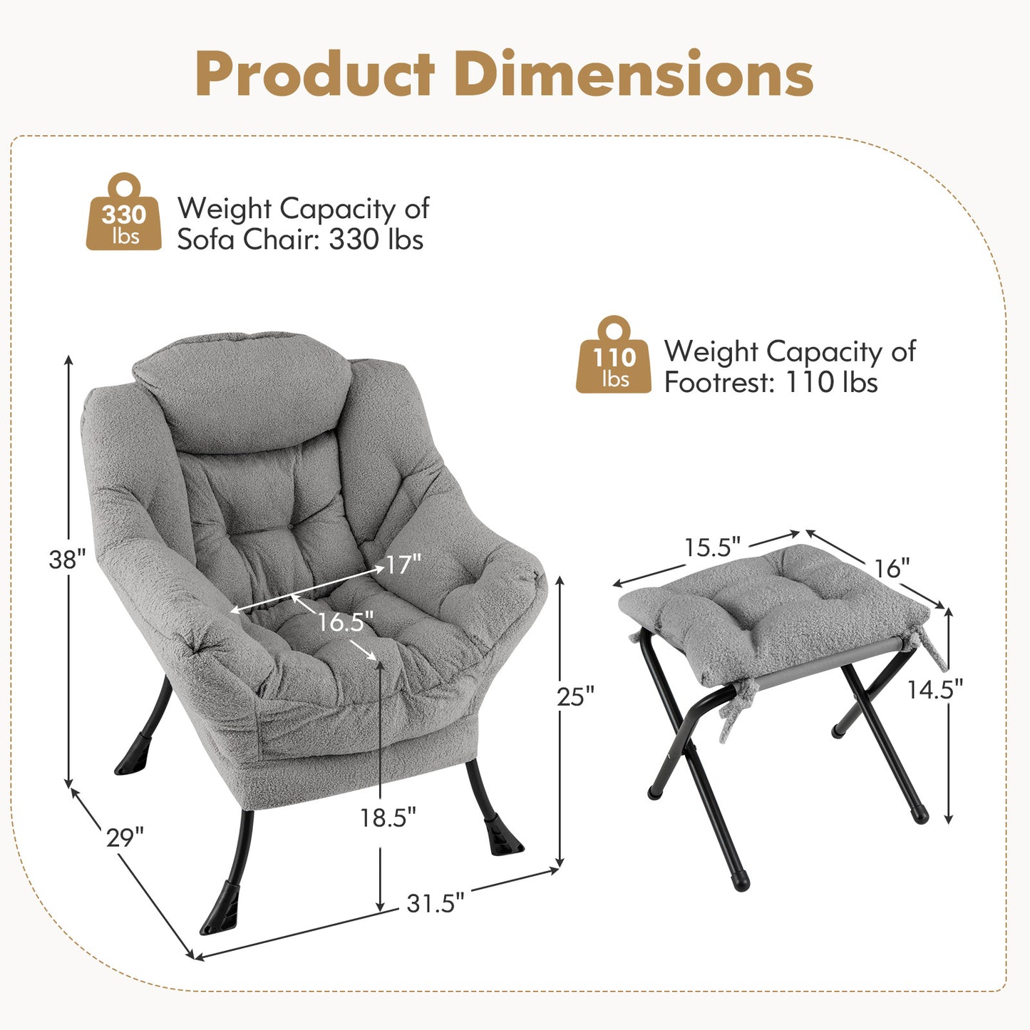 Sherpa Accent Chair with Ottoman, Head Pillow and Side Pocket, Grey