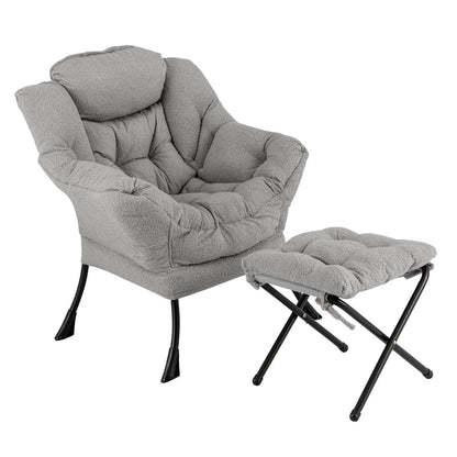 Sherpa Accent Chair with Ottoman, Head Pillow and Side Pocket, Grey