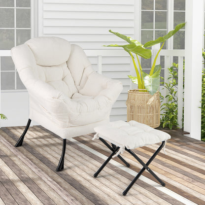 Sherpa Accent Chair with Ottoman, Head Pillow and Side Pocket, Beige