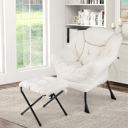 Sherpa Accent Chair with Ottoman, Head Pillow and Side Pocket, Beige