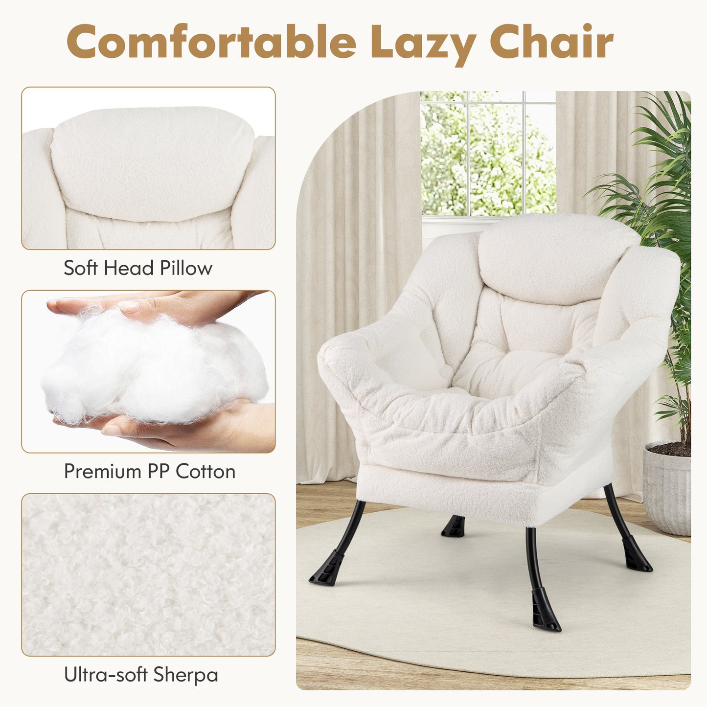 Sherpa Accent Chair with Ottoman, Head Pillow and Side Pocket, Beige