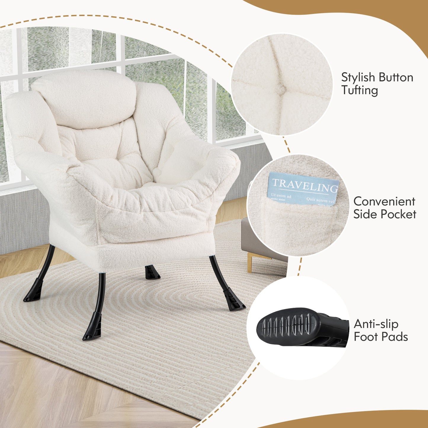 Sherpa Accent Chair with Ottoman, Head Pillow and Side Pocket, Beige