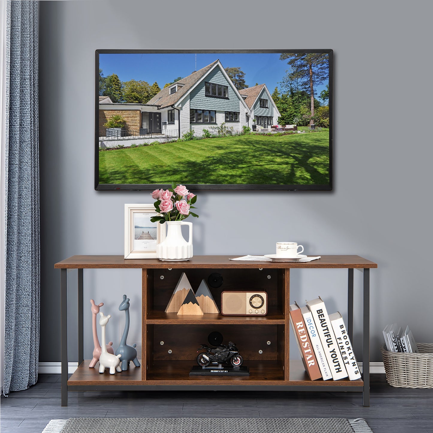 Retro Style TV Stand for TVs up to 50 Inch with Adjustable Shelf and Media Storage
