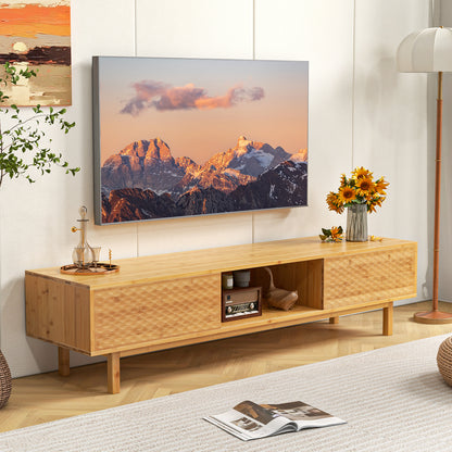 Mid Century Bamboo TV Console with Sliding Doors for TVs up to 70 Inches