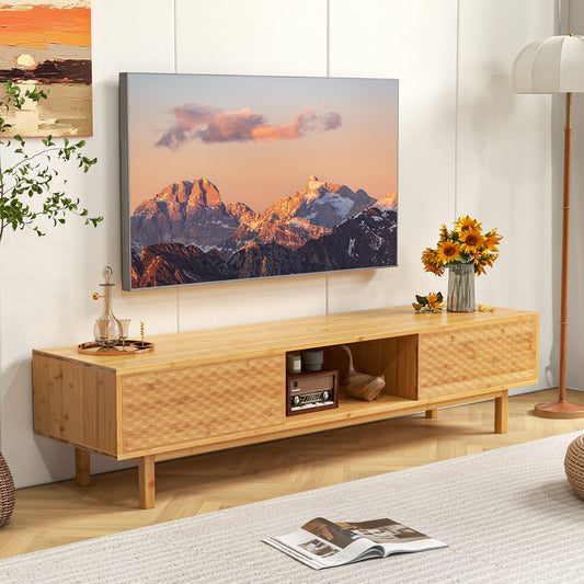 Mid Century Bamboo TV Console with Sliding Doors for TVs up to 70 Inches