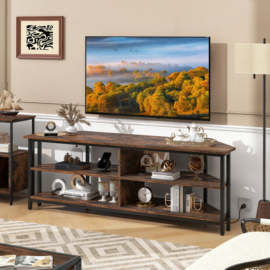 Corner TV Stand with Built-in Charging Station and Three Tiers for TVs up to 65 Inches - Rustic Brown