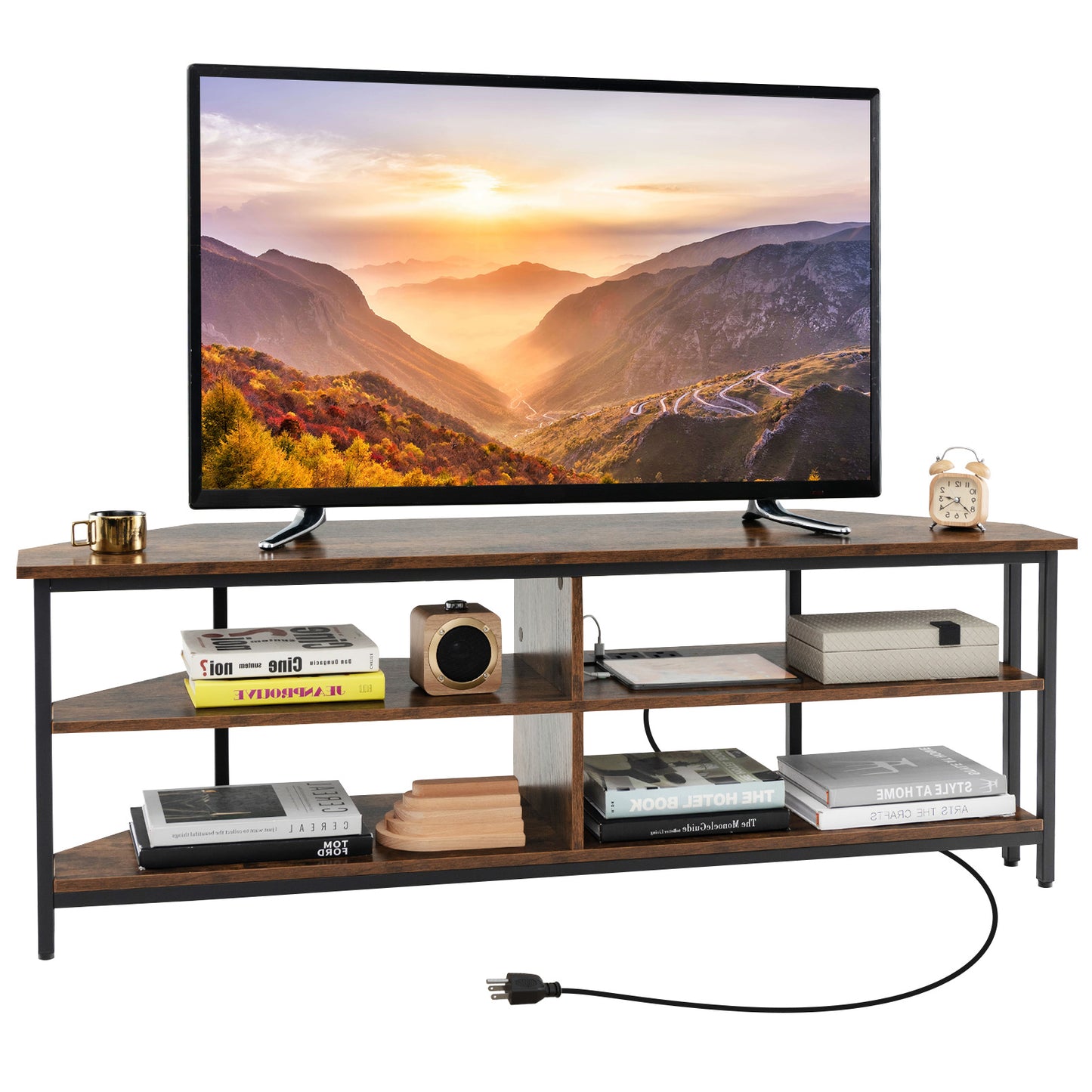 Corner TV Stand with Built-in Charging Station and Three Tiers for TVs up to 65 Inches - Rustic Brown
