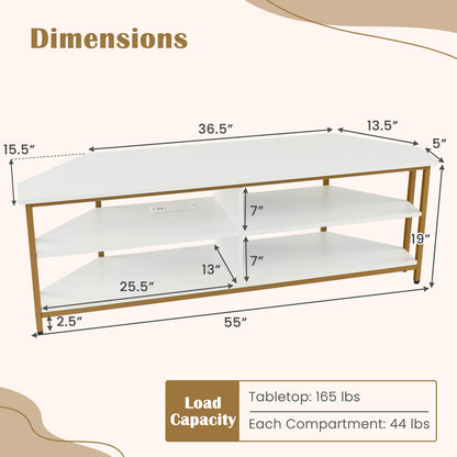 Corner TV Stand with Built-in Charging Station and Three Tiers for TVs up to 65 Inches - White