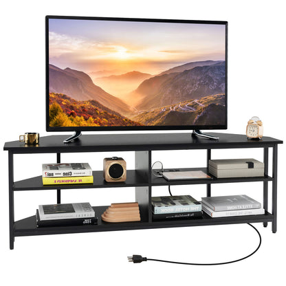 Corner TV Stand with Built-in Charging Station and Three Tiers for TVs up to 65 Inches - Black