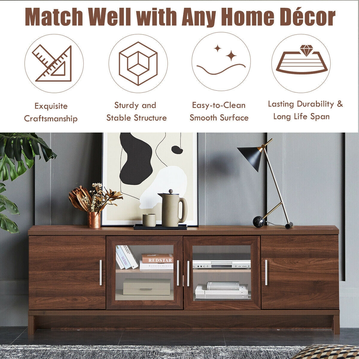 Modern Media Console with Adjustable Shelves for TVs up to 70 Inches – Walnut