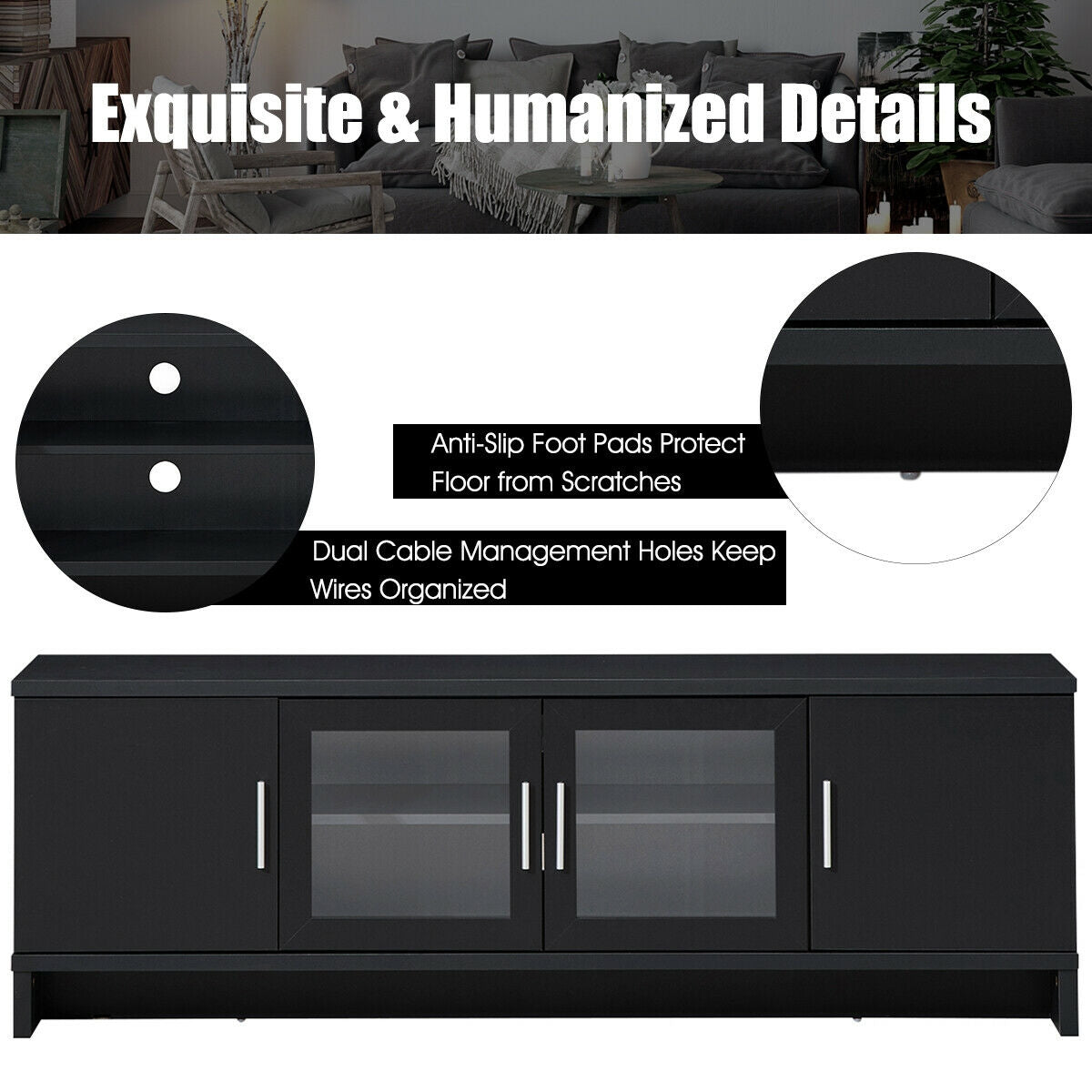 Modern Media Console with Adjustable Shelves for TVs up to 70 Inches – Black