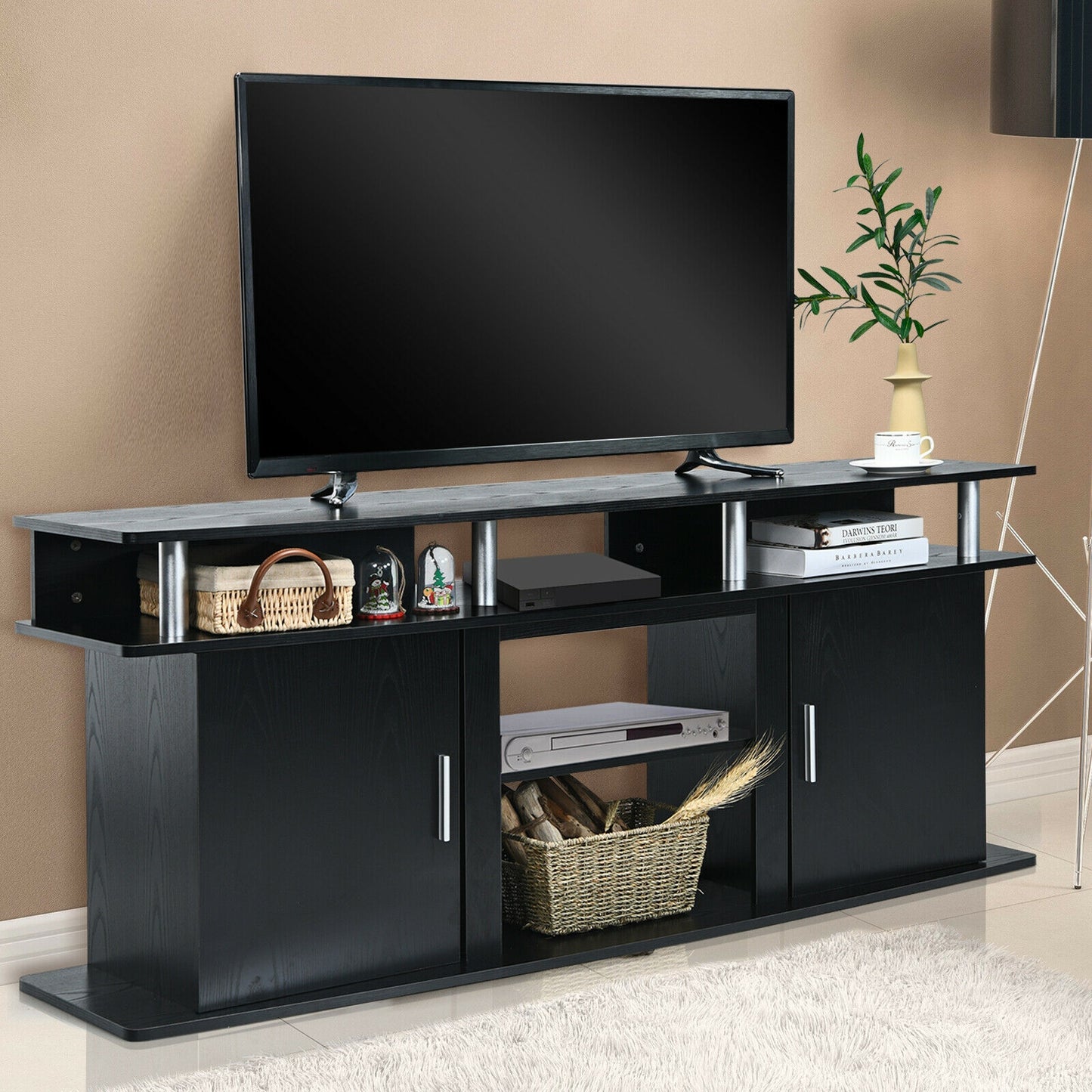 63 Inch TV Entertainment Console for TVs up to 70 Inches with 2 Storage Cabinets in Black