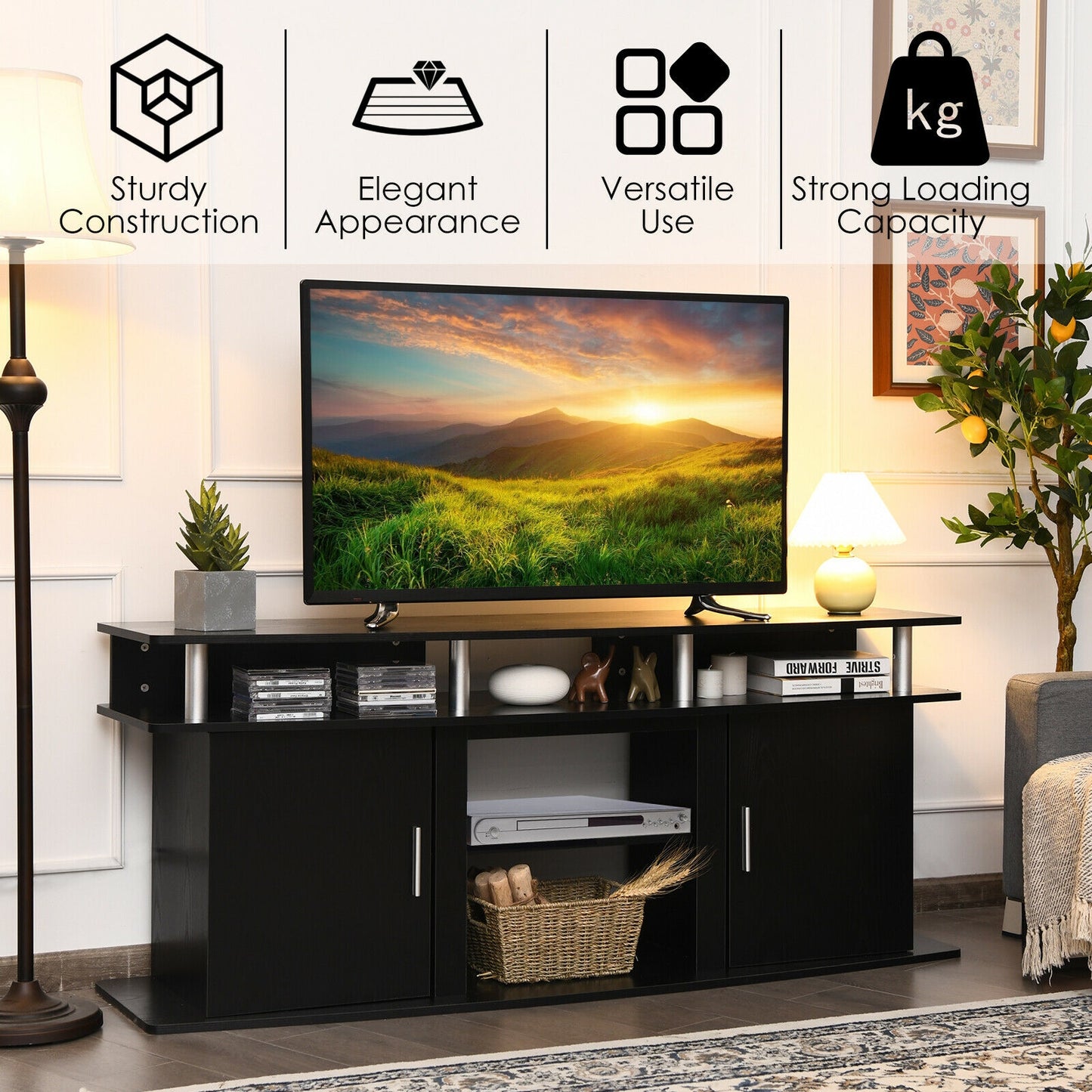 63 Inch TV Entertainment Console for TVs up to 70 Inches with 2 Storage Cabinets in Black