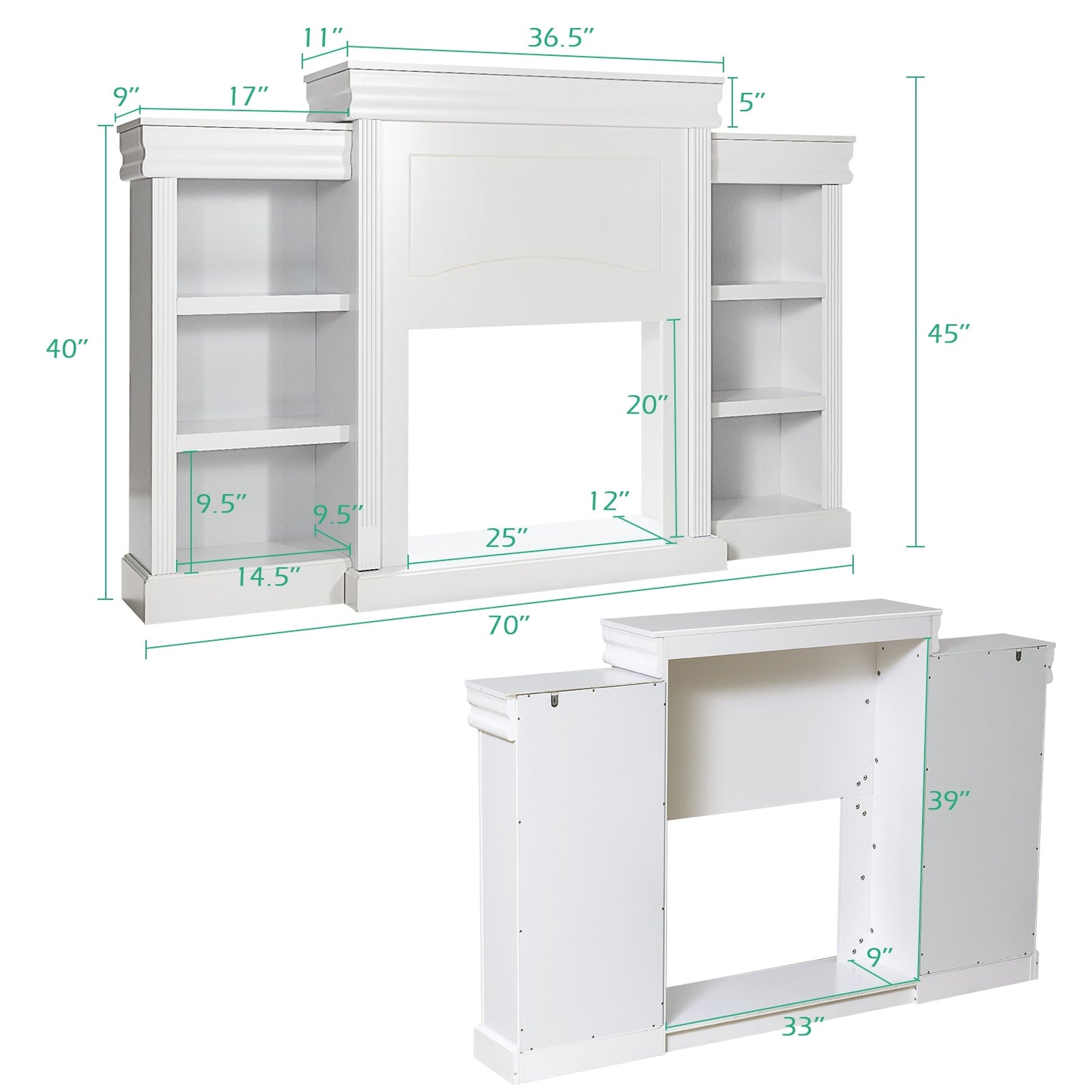 Contemporary TV Stand with Open Bookcase and Fireplace Cabinet for 40 Inch TVs – White