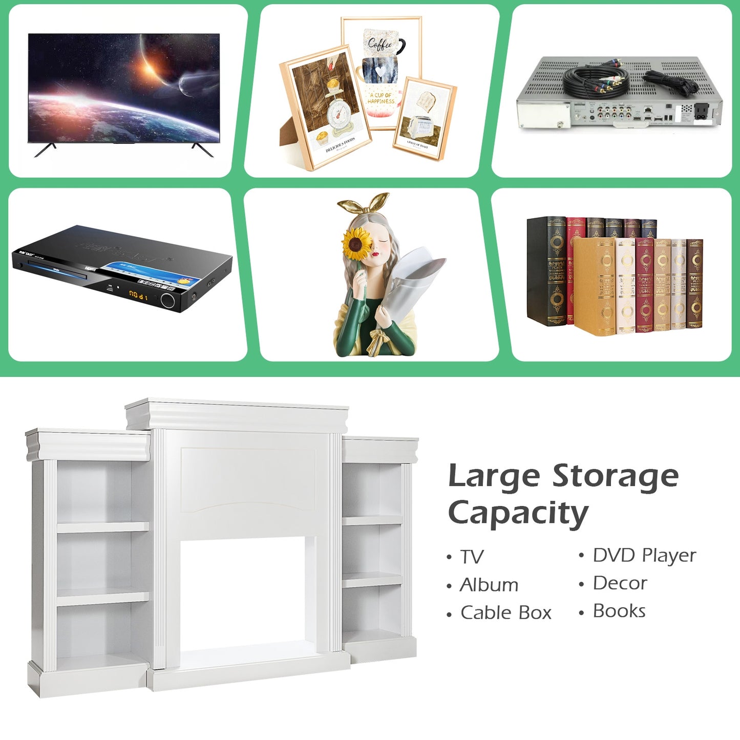 Contemporary TV Stand with Open Bookcase and Fireplace Cabinet for 40 Inch TVs – White