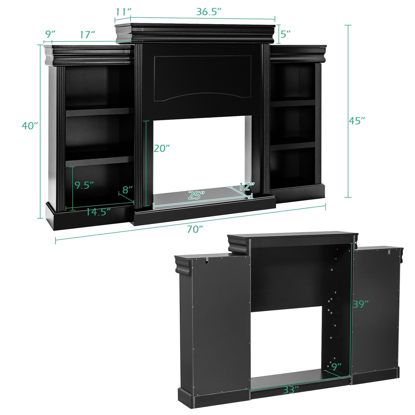 Contemporary TV Stand with Open Bookcase and Fireplace Cabinet for 40 Inch TVs – Black