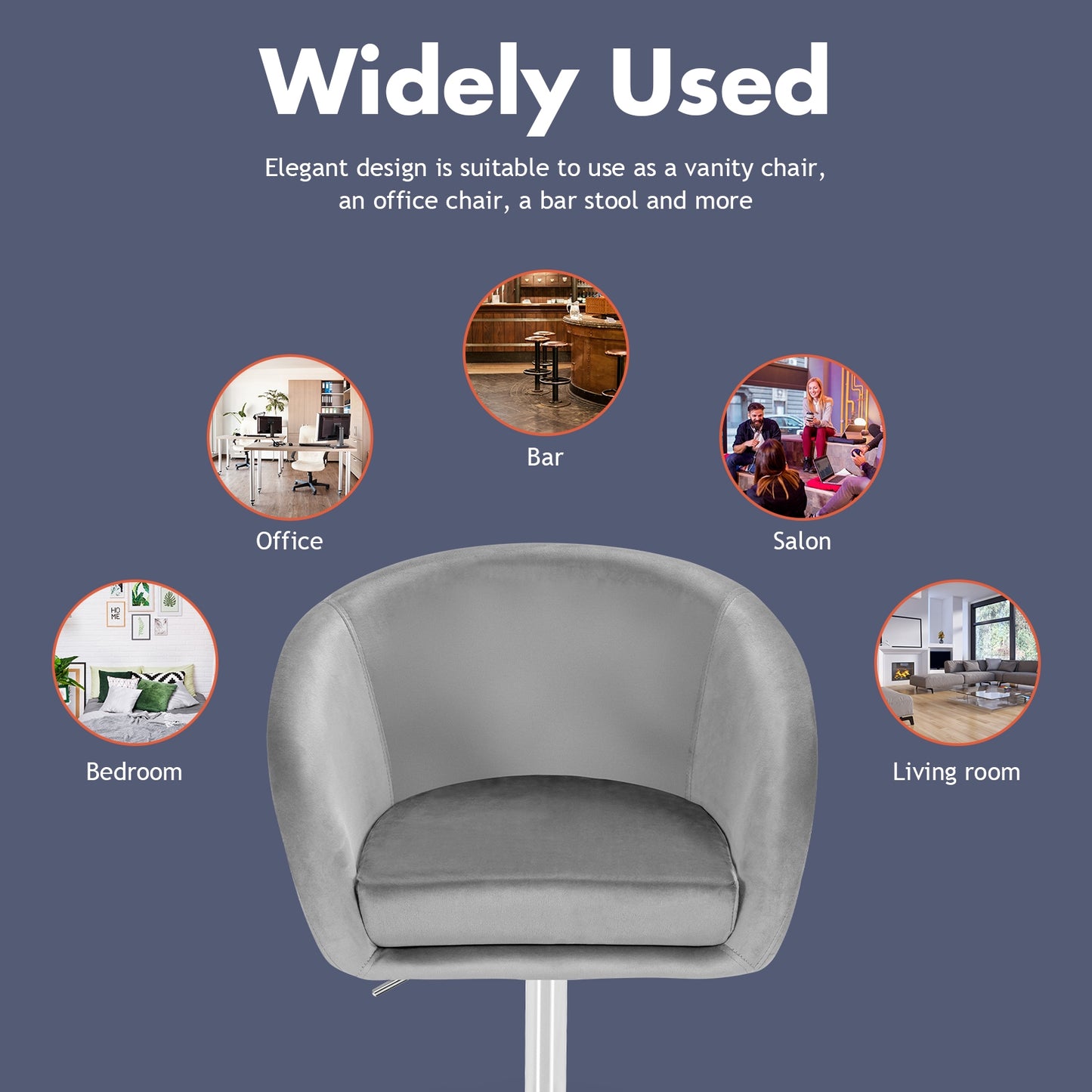 360 Degree Swivel Velvet Vanity Chair with Round Backrest and Metal Base in Grey