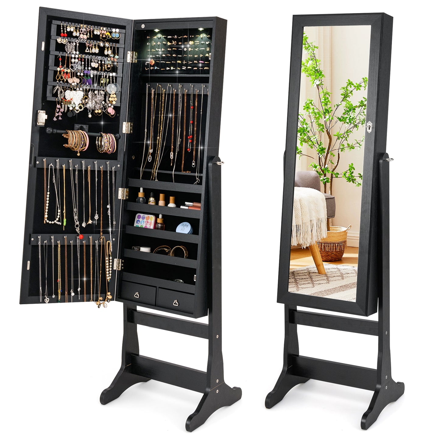 Freestanding Jewelry Armoire with Full-Length Mirror, LED Lighting, Lockable Storage and Adjustable Tilt – Black