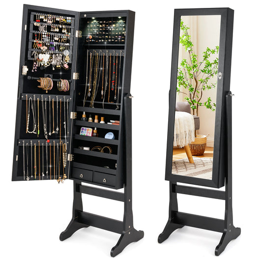 Freestanding Jewelry Armoire with Full-Length Mirror, LED Lighting, Lockable Storage and Adjustable Tilt – Black