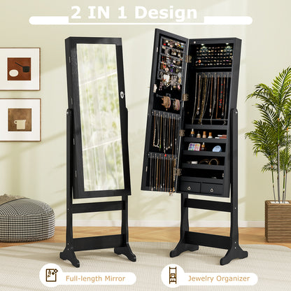 Freestanding Jewelry Armoire with Full-Length Mirror, LED Lighting, Lockable Storage and Adjustable Tilt – Black