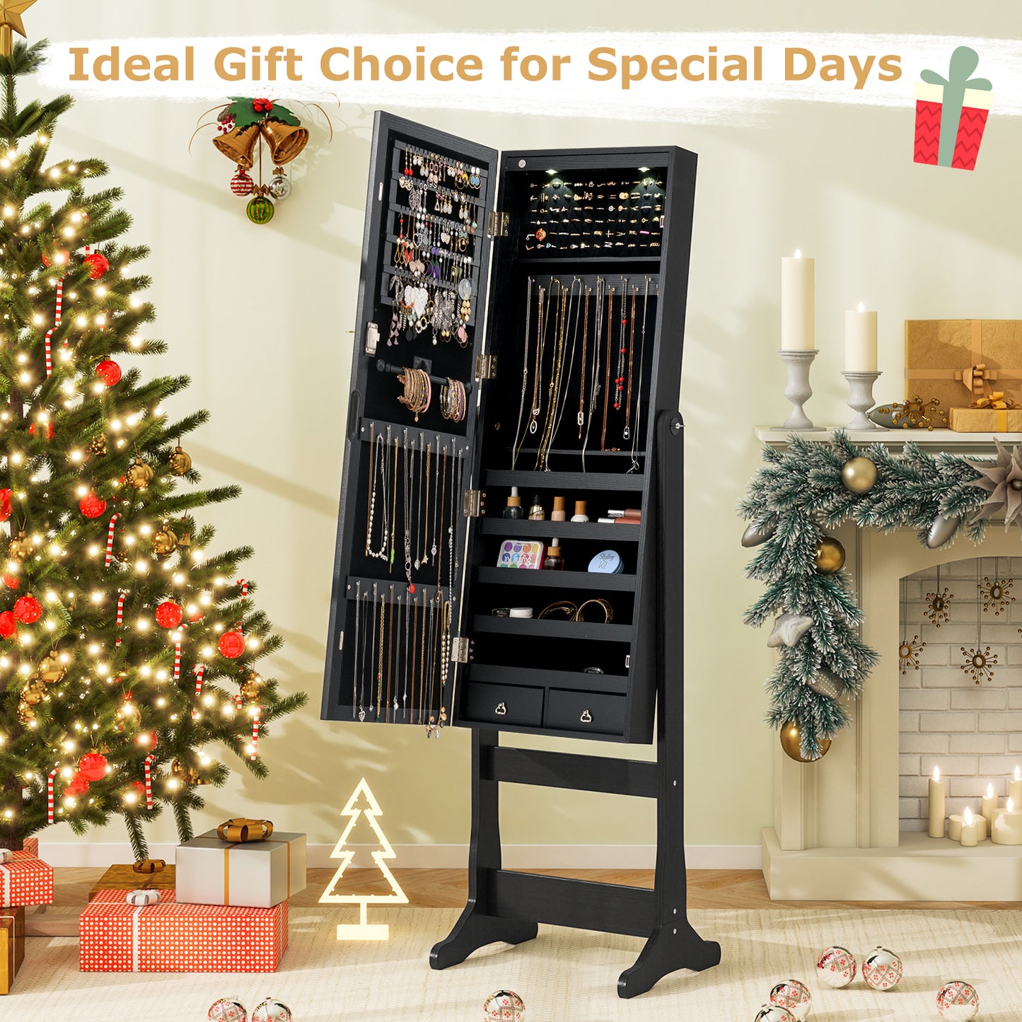 Freestanding Jewelry Armoire with Full-Length Mirror, LED Lighting, Lockable Storage and Adjustable Tilt – Black