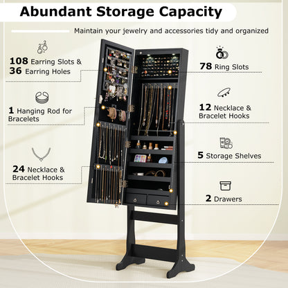 Freestanding Jewelry Armoire with Full-Length Mirror, LED Lighting, Lockable Storage and Adjustable Tilt – Black