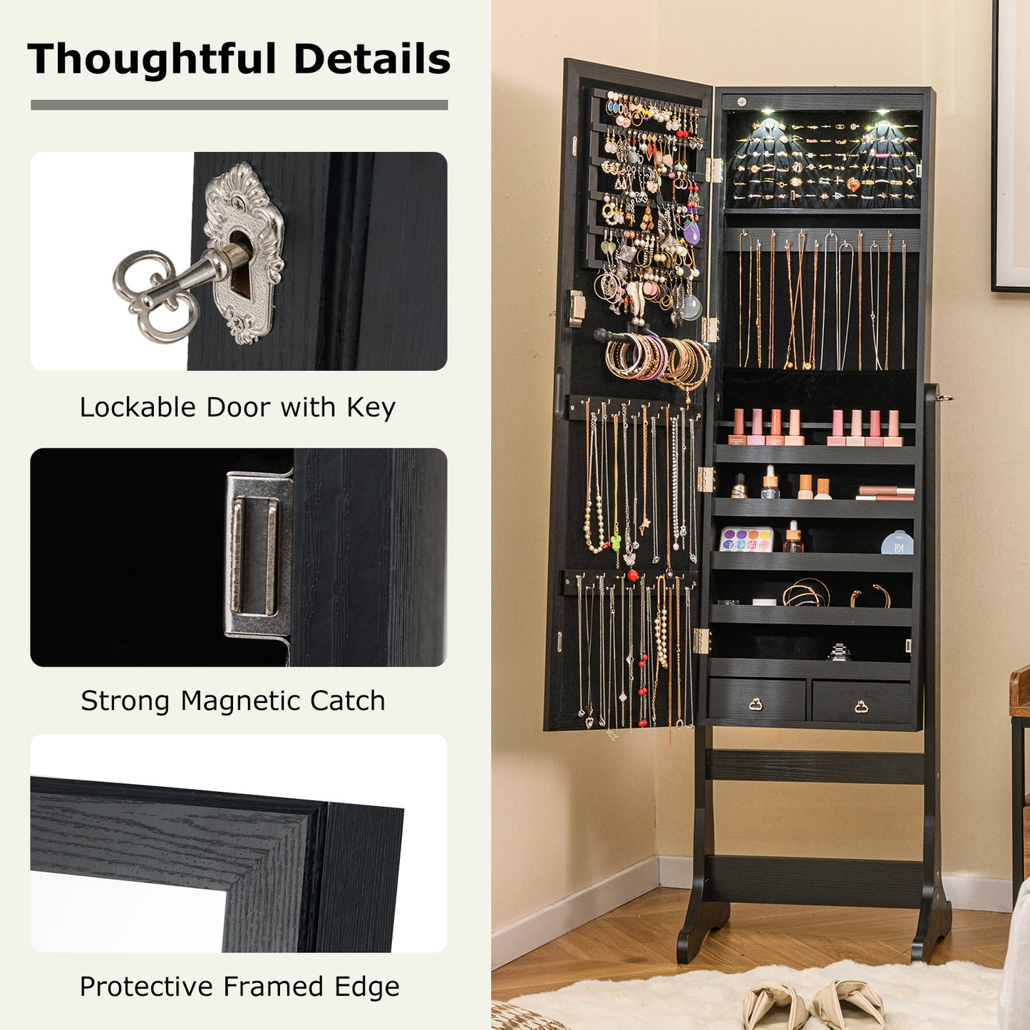 Freestanding Jewelry Armoire with Full-Length Mirror, LED Lighting, Lockable Storage and Adjustable Tilt – Black