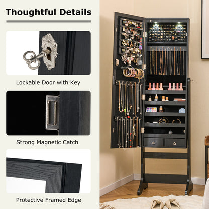 Freestanding Jewelry Armoire with Full-Length Mirror, LED Lighting, Lockable Storage and Adjustable Tilt – Black