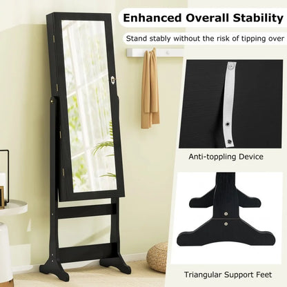 Freestanding Jewelry Armoire with Full-Length Mirror, LED Lighting, Lockable Storage and Adjustable Tilt – Black