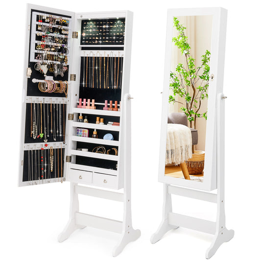 Freestanding Jewelry Armoire with Full-Length Mirror, LED Lighting, Lockable Storage and Adjustable Tilt – White