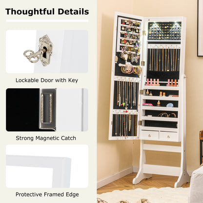 Freestanding Jewelry Armoire with Full-Length Mirror, LED Lighting, Lockable Storage and Adjustable Tilt – White