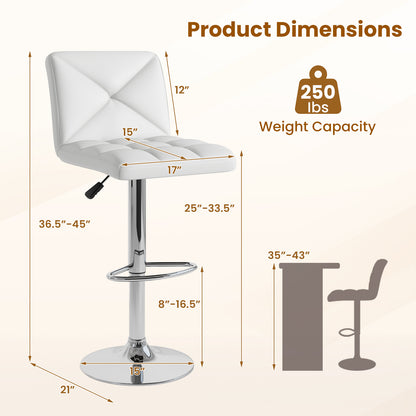 Set of 2 PU Leather Bar Stools with Backrest, Adjustable Height, Swivel Seat and Metal Base - White