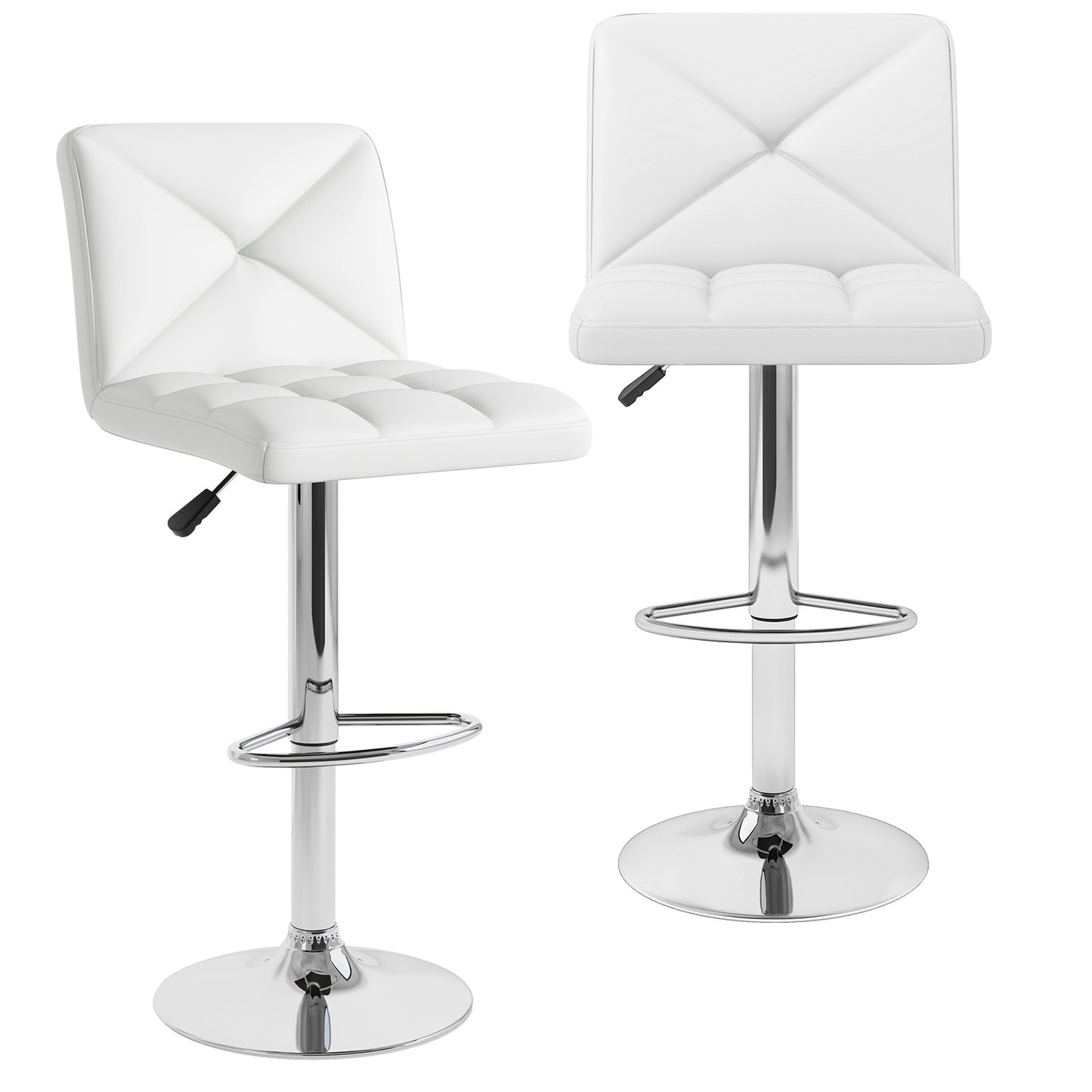 Set of 2 PU Leather Bar Stools with Backrest, Adjustable Height, Swivel Seat and Metal Base - White