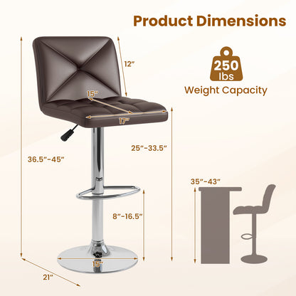 Set of 2 PU Leather Bar Stools with Backrest, Adjustable Height, Swivel Seat and Metal Base - Brown