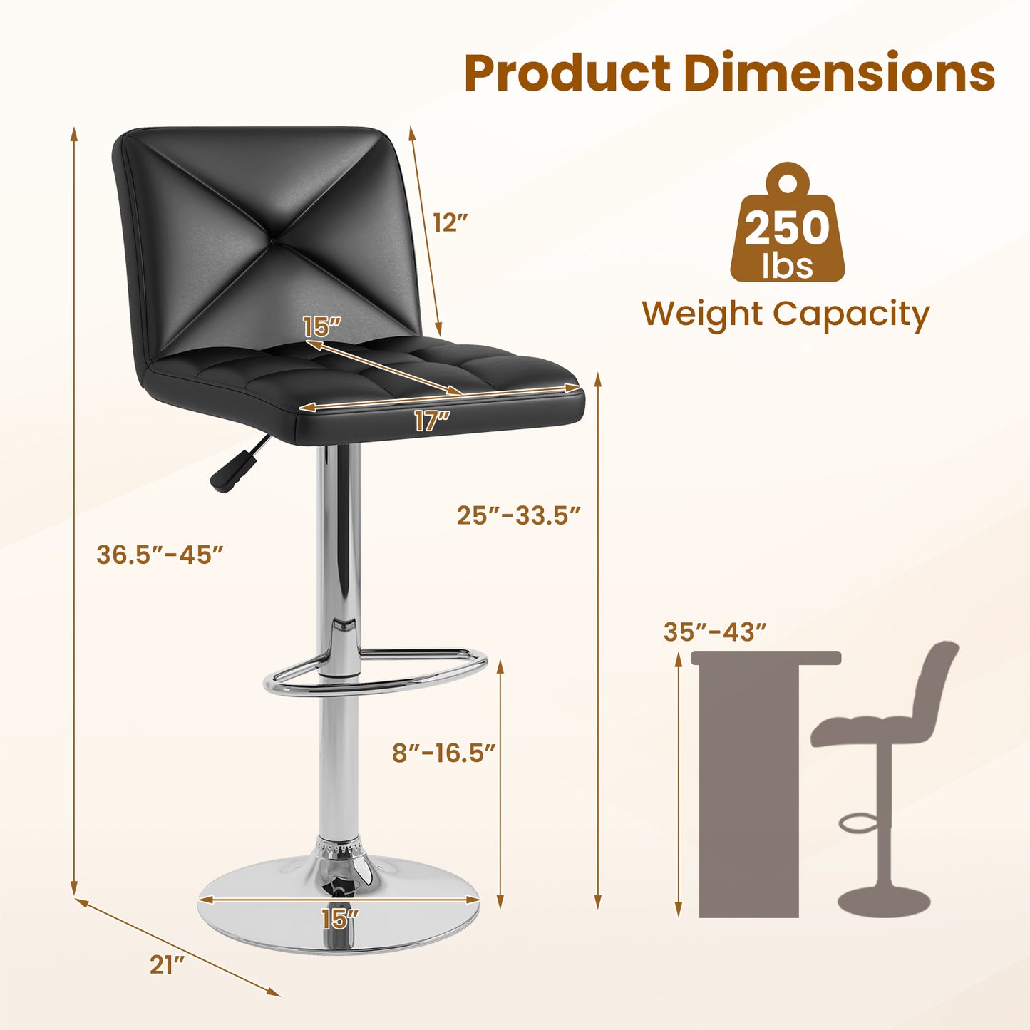 Set of 2 PU Leather Bar Stools with Backrest, Adjustable Height, Swivel Seat and Metal Base - Black