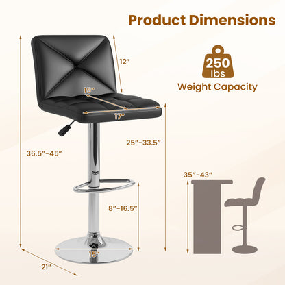 Set of 2 PU Leather Bar Stools with Backrest, Adjustable Height, Swivel Seat and Metal Base - Black