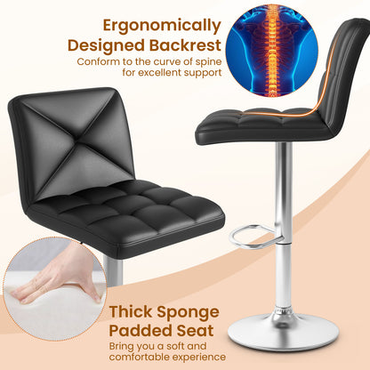 Set of 2 PU Leather Bar Stools with Backrest, Adjustable Height, Swivel Seat and Metal Base - Black